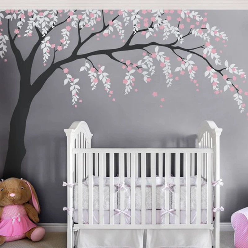 Детская комната для девочек, настенные наклейки, Вишневое дерево, художественные виниловые Стикеры для декора, листья дерева, Наклейки на стены, отделка детской стены