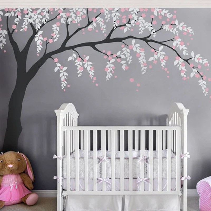 Baby Girls Room Wall Decal Cherry Blossom Tree Art Decor Vinyl Stickers ,  Leaves Tree Wall Decals For Nursery Wall Decoration