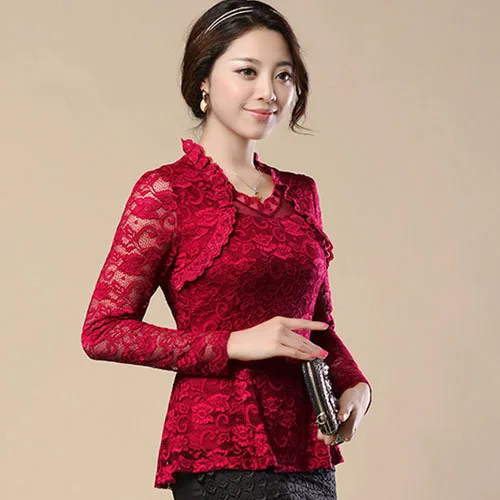  M-4XL New Fashion 2018 Spring Noble Women Hollow lace blouse shirt long-sleeve Lace shirt female Pl