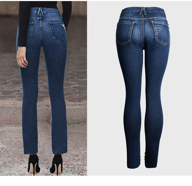 2018 Europe and the United States Women's new high-rise jeans Pearl beaded women's summer jeans trousers (5)