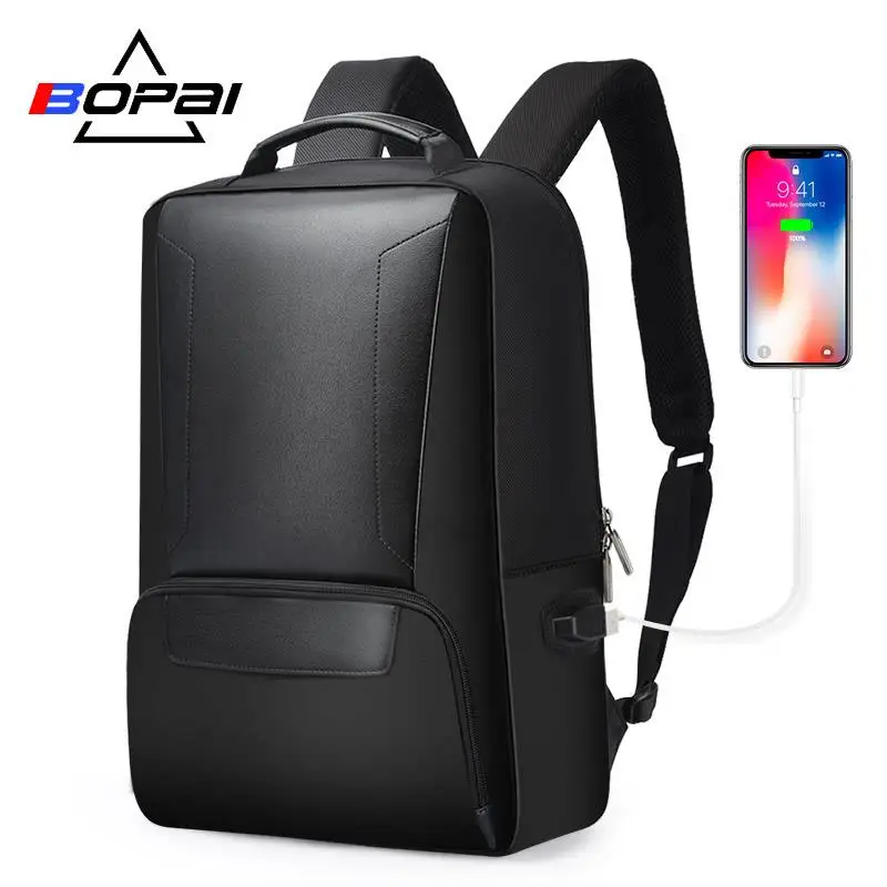 BOPAI, мужской рюкзак для ноутбука, 15,6 дюймов, повседневный рабочий рюкзак, мужской черный кожаный Школьный рюкзак, рюкзак для средней школы, mochila escolar