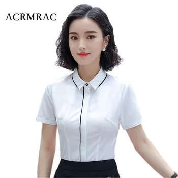 

ACRMRAC 2018 New Women Short sleeve Solid color Black stitching Slim Turn-down Collar OL Business Formal Blouse Shirts