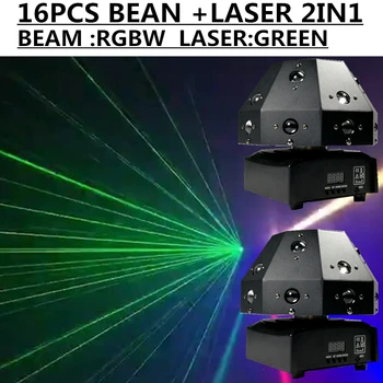 

2pcs/ Moving LED beam light + laser light 2in1 16pcs rgbw beam + 1PCS green laser professional moving head light