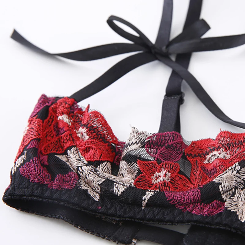 Yhotmeng Ladies Temptation Sexy Lingerie Embroidery Open Brief vs Bra Set Transparent Thin Cup Underwear Women Lace Intimate