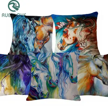 

Cotton Linen Colorful Printing War Horses Home Decorative Pillow Cover For Sofa Car Nordic 45x45cm Vintage Style