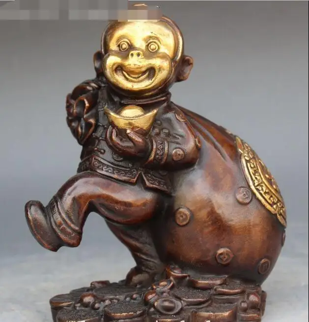 

7" China Bronze Gild Feng shui Cute Monkey Monkeys Hold Yuan Bao Money Bag Statue