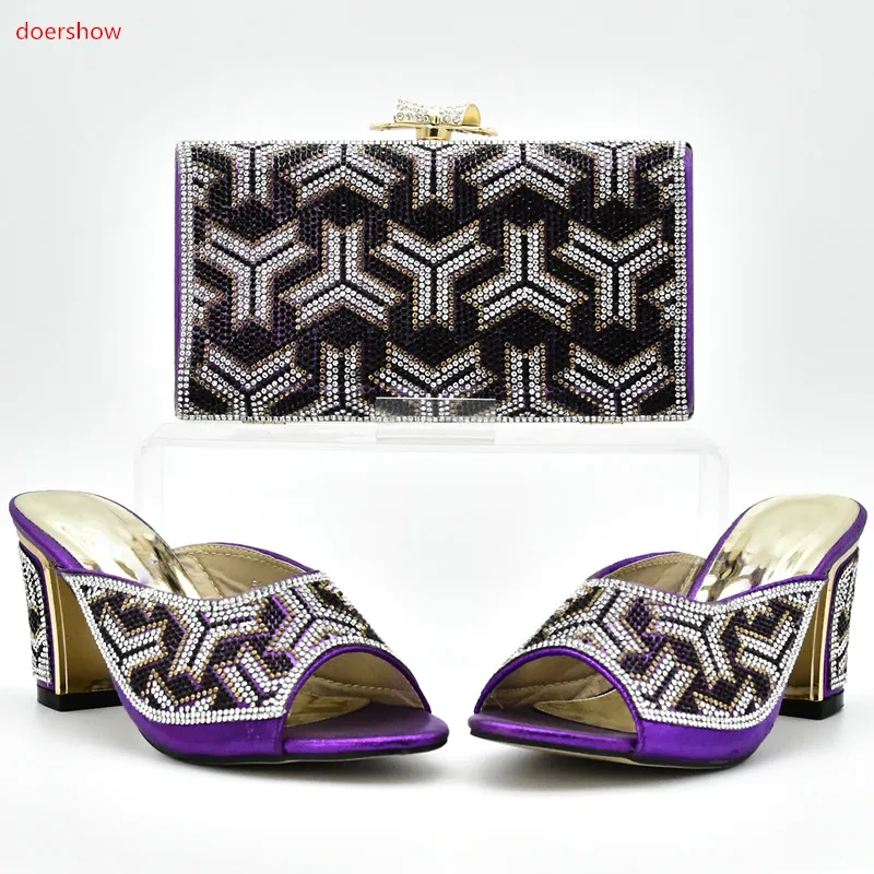 

doershow High Quality Italian Shoe and Bag to Match Women Shoes African Party Shoes and Bag Set purple with Rhinestone!XI1-5