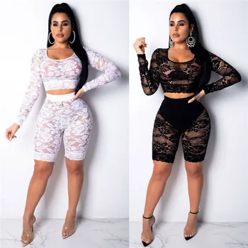 

Sexy Women 2Pcs Lace See Through Bikini Cover Ups Long Sleeve O-neck T-shirt Crop Tops High Waist Bodycon Slim Shorts Beachwear