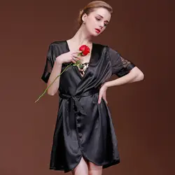 RB0125 бренд для женщин Ночная рубашка черный халат платье дамы атласный Шелковый короткое Нижнее белье Ночные рубашки женские пикантные