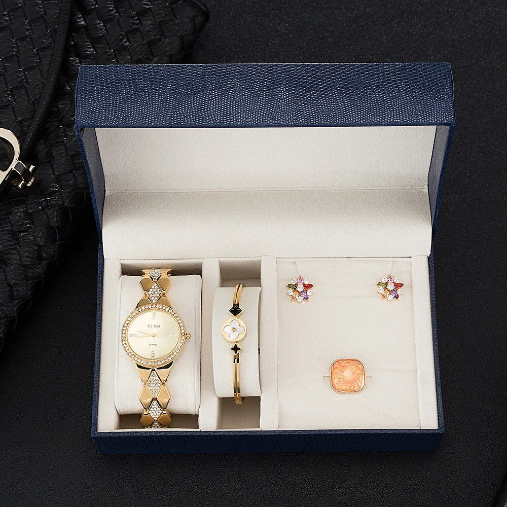 

New 4 Pcs Women Bracelet Watch Set Diamond watch Steel Bracelet Crystal earrings Ring With Watch box Big Gift Set for girlfriend