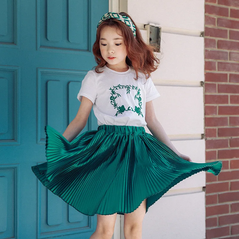 

Summer Dress Girls Clothes Embroidery Flower T-shirt Pleated Skirt Suit Teens Girl Dress Children's Clothing Set Meninas CC885
