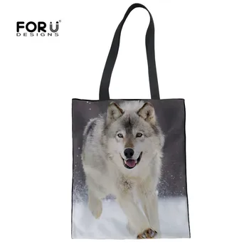 

FORUDESIGNS Cute Wolf Female Environmental Protection Shopping Bags Women's Eco Cloth Large Shoulder Bag High Quality Fold Tote