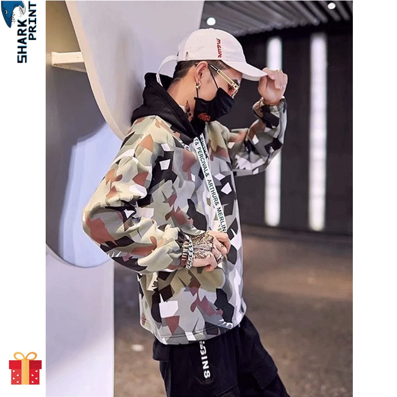SharkPrint Oversize Fashion Men Women Wind Coat Hoodie Couples Camouflage Fatigues HipHop Street Style Jacket Winter Autumn Coat