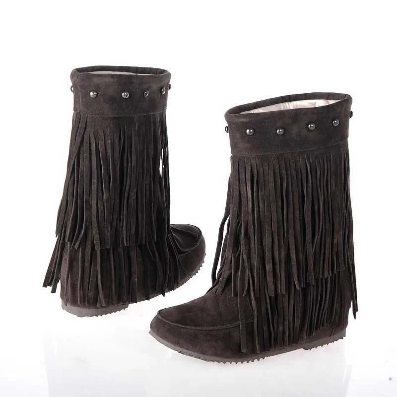 Big Size 34-43 Women's 3 Layer Fringe Tassels Decoration Rivets Low Heel Winter Boots Mid-Calf snow boots Shoes