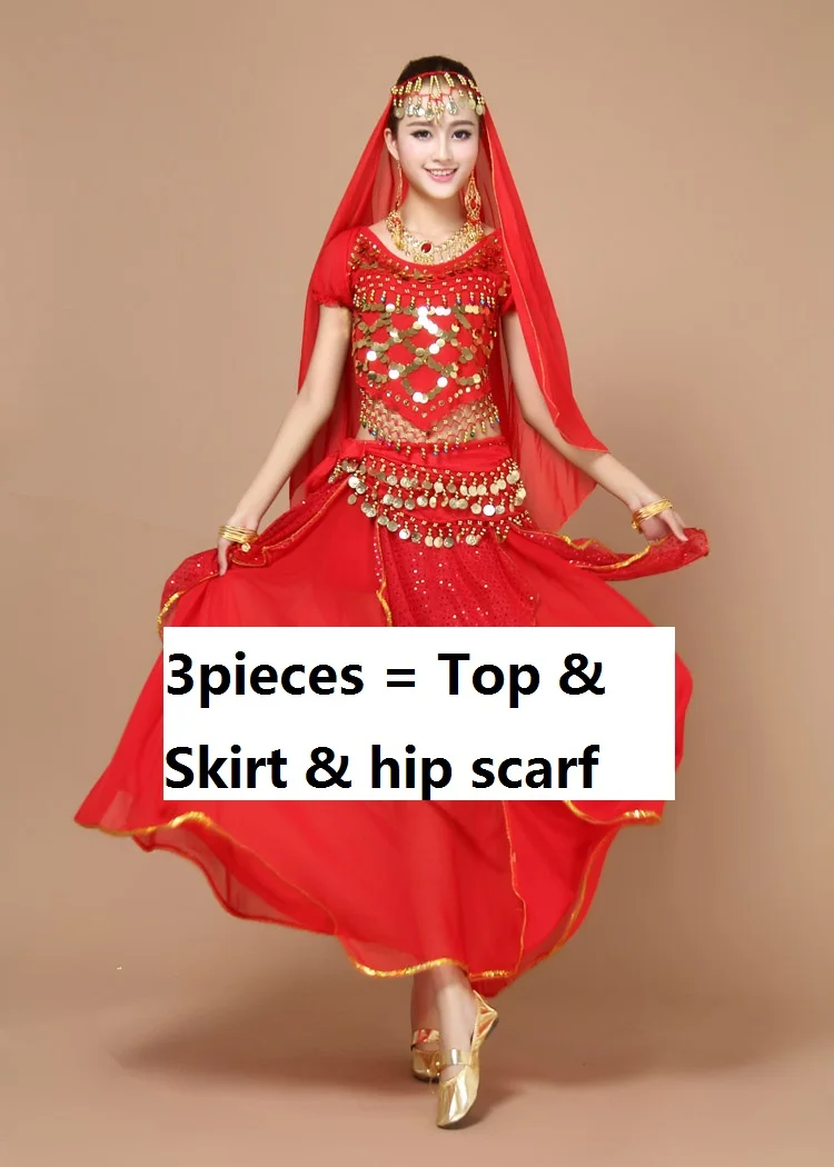 Детские болливудские танцевальные костюмы, юбки для взрослых и детей, женская одежда размера плюс, платье jupe, одежда для индийских танцев rs, танцевальное сари, костюм - Цвет: red3pcs