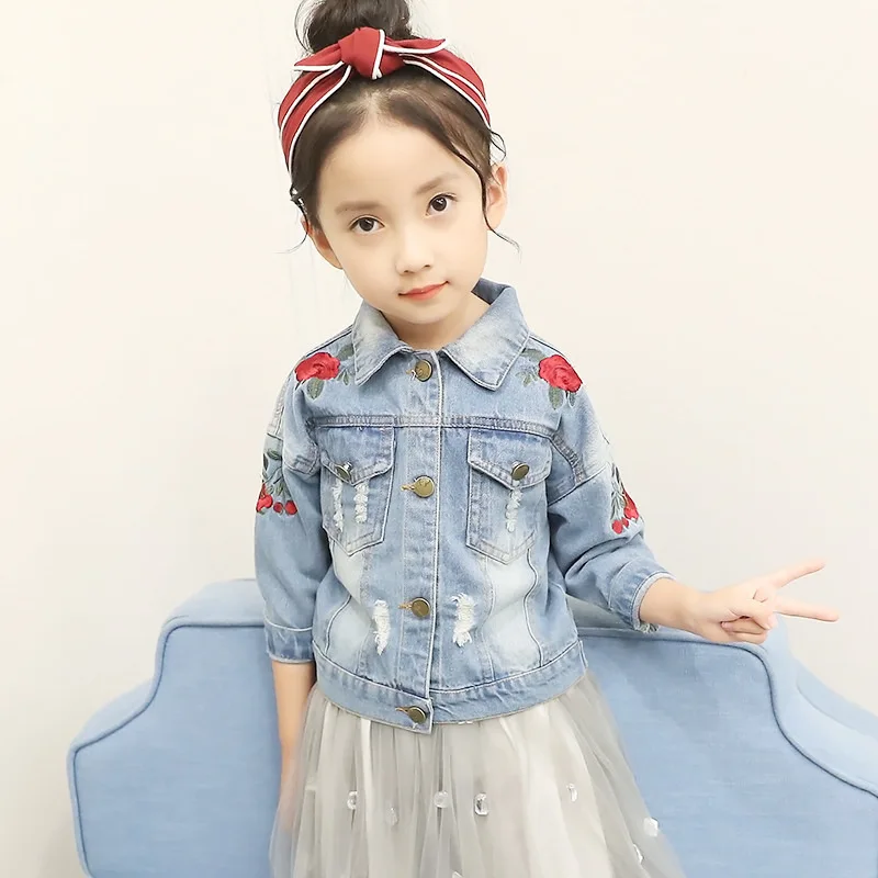 

2019 Spring Autumn Girls Hole Denim Jackets Coats Flower Embroidery Fashion Children Outwear Coat Kids Girls Casual Jacket