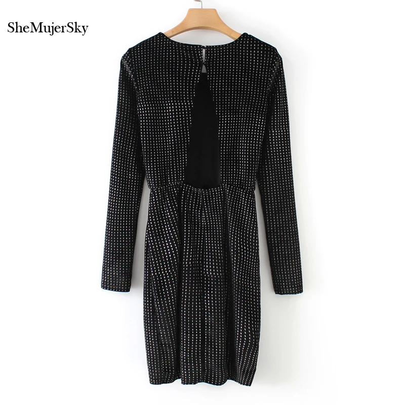 SheMujerSky Women Black Velvet Dress Sequined Long Sleeve O-neck Backless Sexy Mini Dresses vestito donna 2018