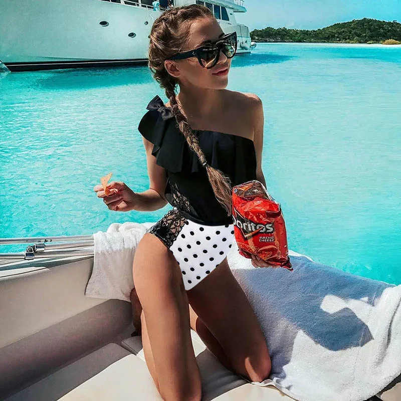 

Lace Women One Piece Swimsuit Single Shoulder Swimwear Striped Monokini Patchwork Bath Suit Transparent Beach Wear Bain