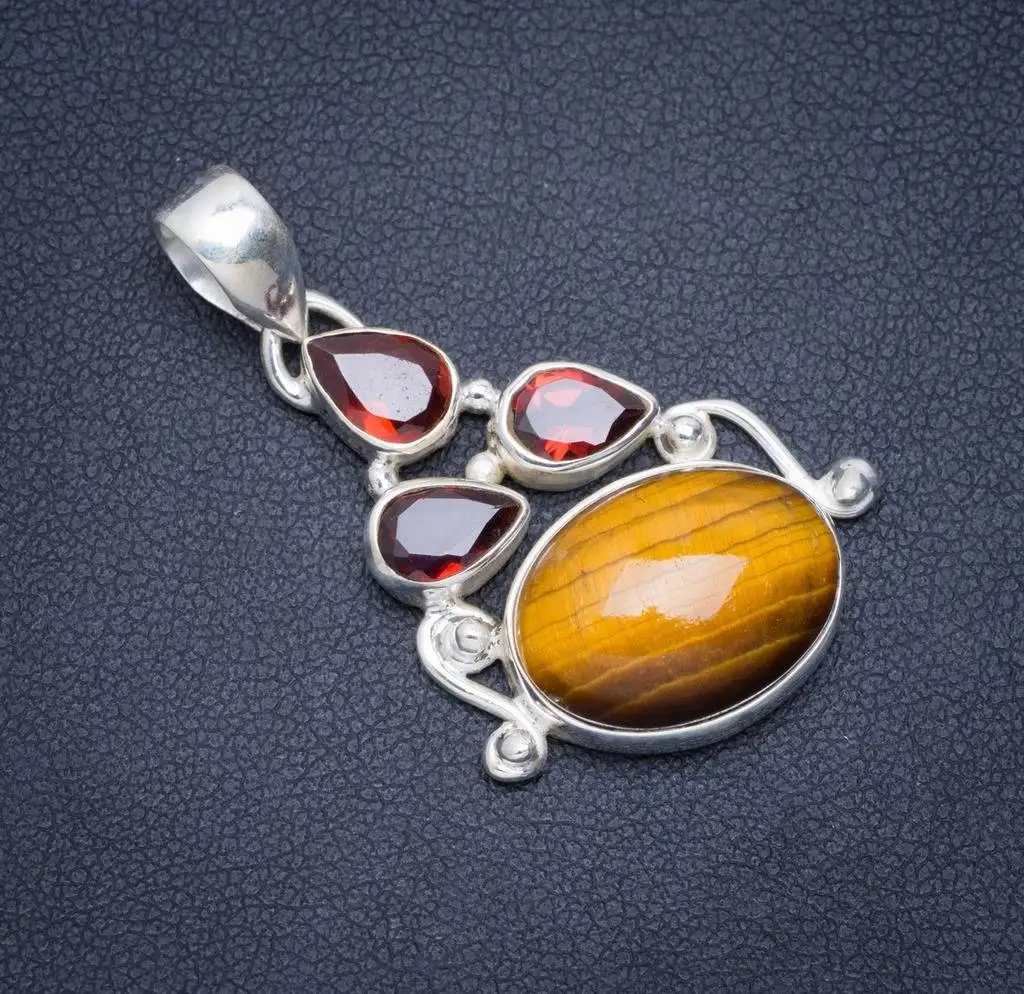 

Natural Tiger Eye and Garnet Handmade Unique 925 Sterling Silver Pendant 1.5" A0196