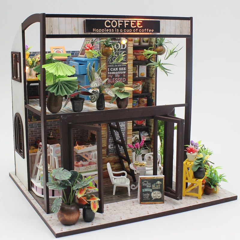 

Doll House Miniature DIY Dollhouse With Furnitures Wooden House Toys For Children Gifts Happiness Is A Cup Of Coffee M027 #E