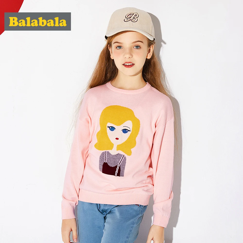 

Balabala Girls Fine-Knit Sweater in 100% Cotton with Motif Teenage Girl Soft Pullover Sweater with Ribbed Crewneck Cuff and Hem