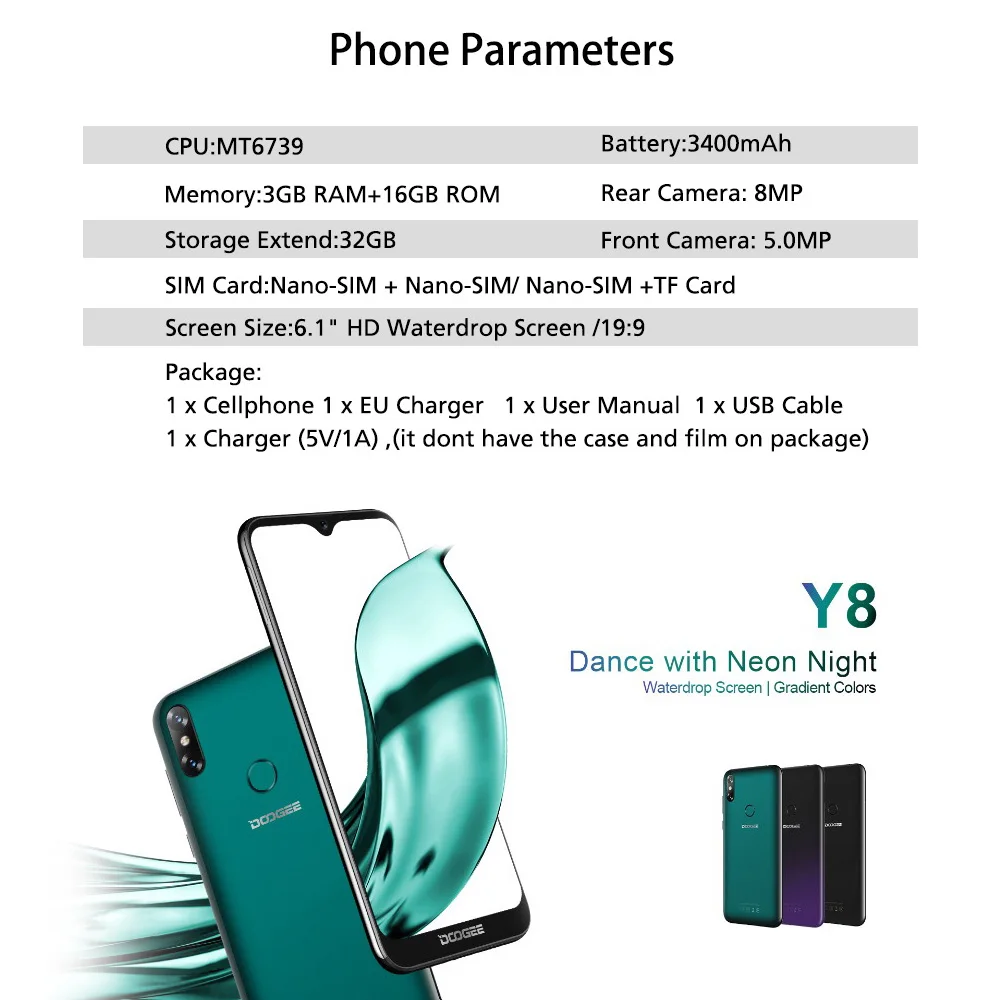 DOOGEE Y8 4G LTE Mobile phone MTK6739 Quad Core 3GB 16GB 8MP+8MP Android 9.0 3400mAh 6.1\