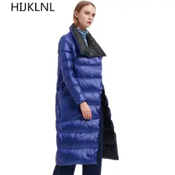Новинка 2019 года, зимняя женская куртка-пуховик, длинное пальто выше колена, двустороннее теплое плотное пальто на утином пуху с отворотом