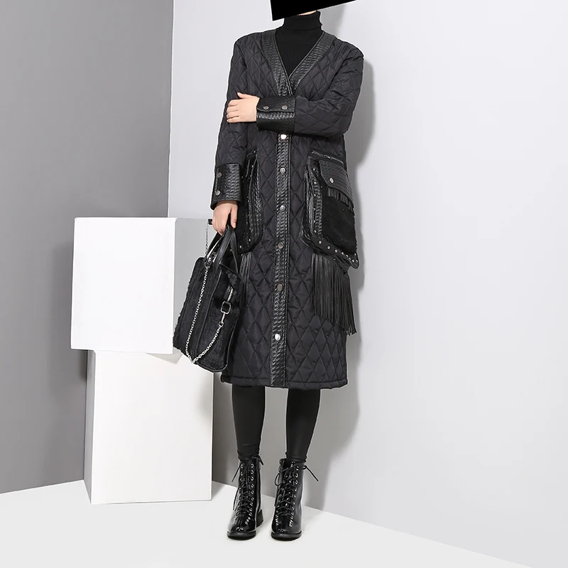 2018 Winter Women Oversize Long Black Parka Big PU Pocket With Fringes V Neck Female Warm Thick Jacket Coat manteau femme 3015