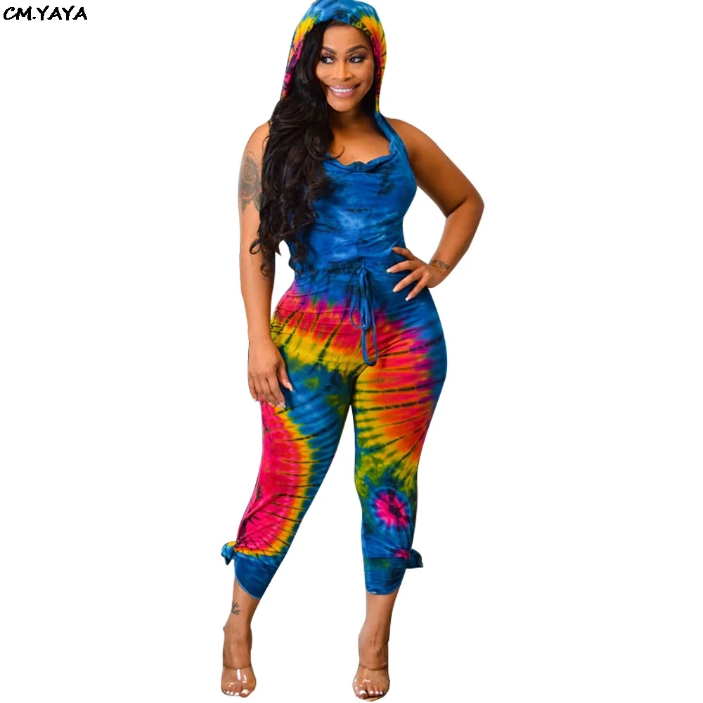 

2019 women new summer tie dye black hole galaxy sleeveless hooded jumpsuit sexy open back romper playsuit 3 color GLK8799