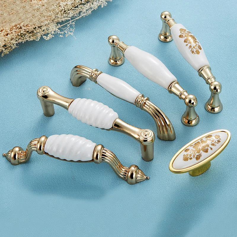 NAIERDI Gold White Creamic Gold Cabinet Handles Knobs Drawer Pulls Kitchen Door Handles Furniture Handle Cabinet Door Hardware