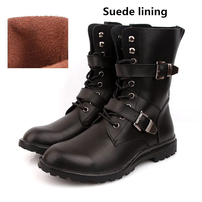 Misalwa/мужские зимние сапоги; цвет черный, коричневый; натуральная кожа; стильные модные плюшевые шерстяные зимние мотоботы с ремешком; большие размеры 38-49 - Цвет: Black Martin Boots