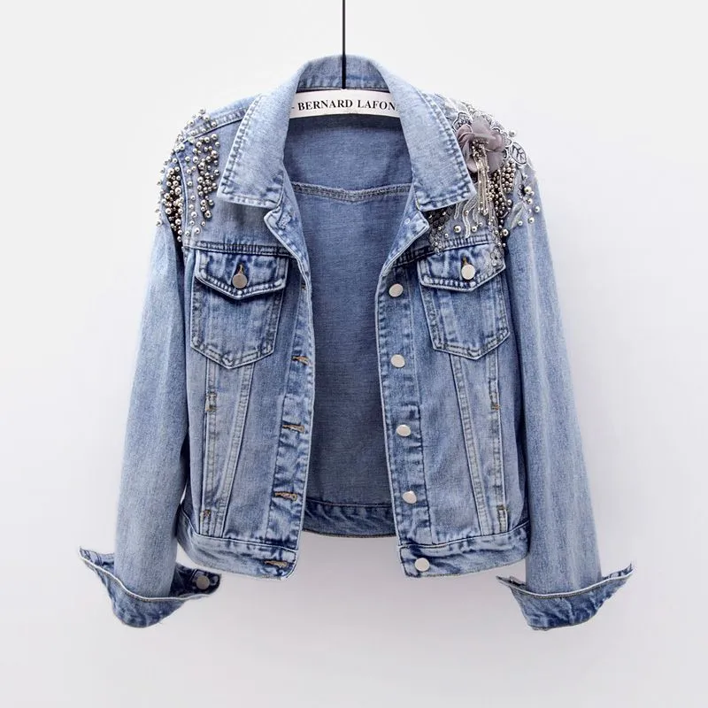 

Female Denim Jacket 2019 Spring New Beaded Short Jackets Fashion Embroidery Long-sleeved Slim Jackets Street Style Jean Coats