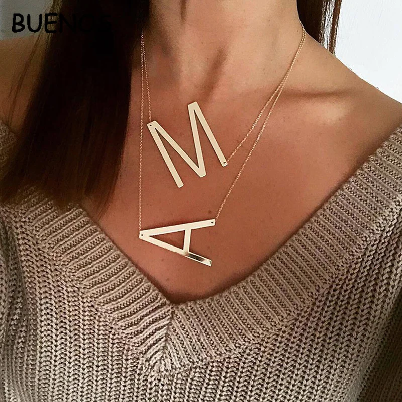 

BUENOS New Simple Gold Rose Gold Silver Color 26 A-Z Letter Name Initial Necklaces For Women Long Big Letter Pendant Necklace