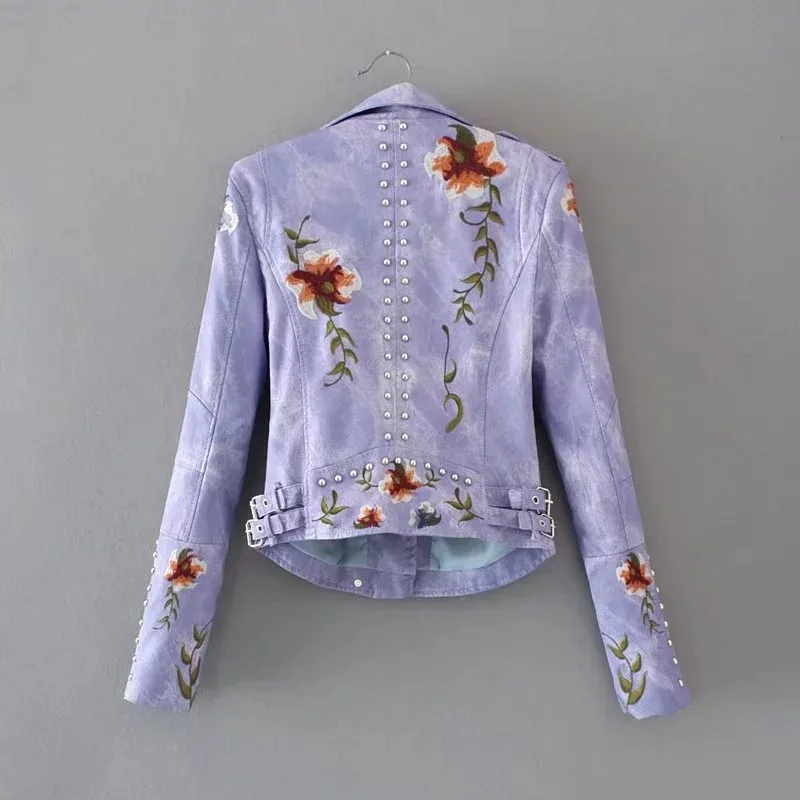 Veste Emboridery Outwear À Fermeture Causal Doux En Femmes Vestes Nouveau purple Longues Poche Cuir Black white Pu Slim Mince Éclair Manches Punk Était Atumn 2018 1q8pxwPp