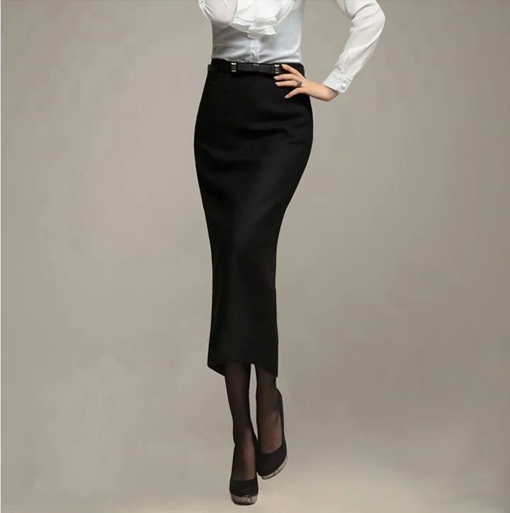 Серый, черный S, M, L, XL, XXL, 3XL, 4XL, 5XL Формальные женские длинные юбки зимние шерстяные с высокой талией большого размера плюс юбки карандаш Рабочая одежда