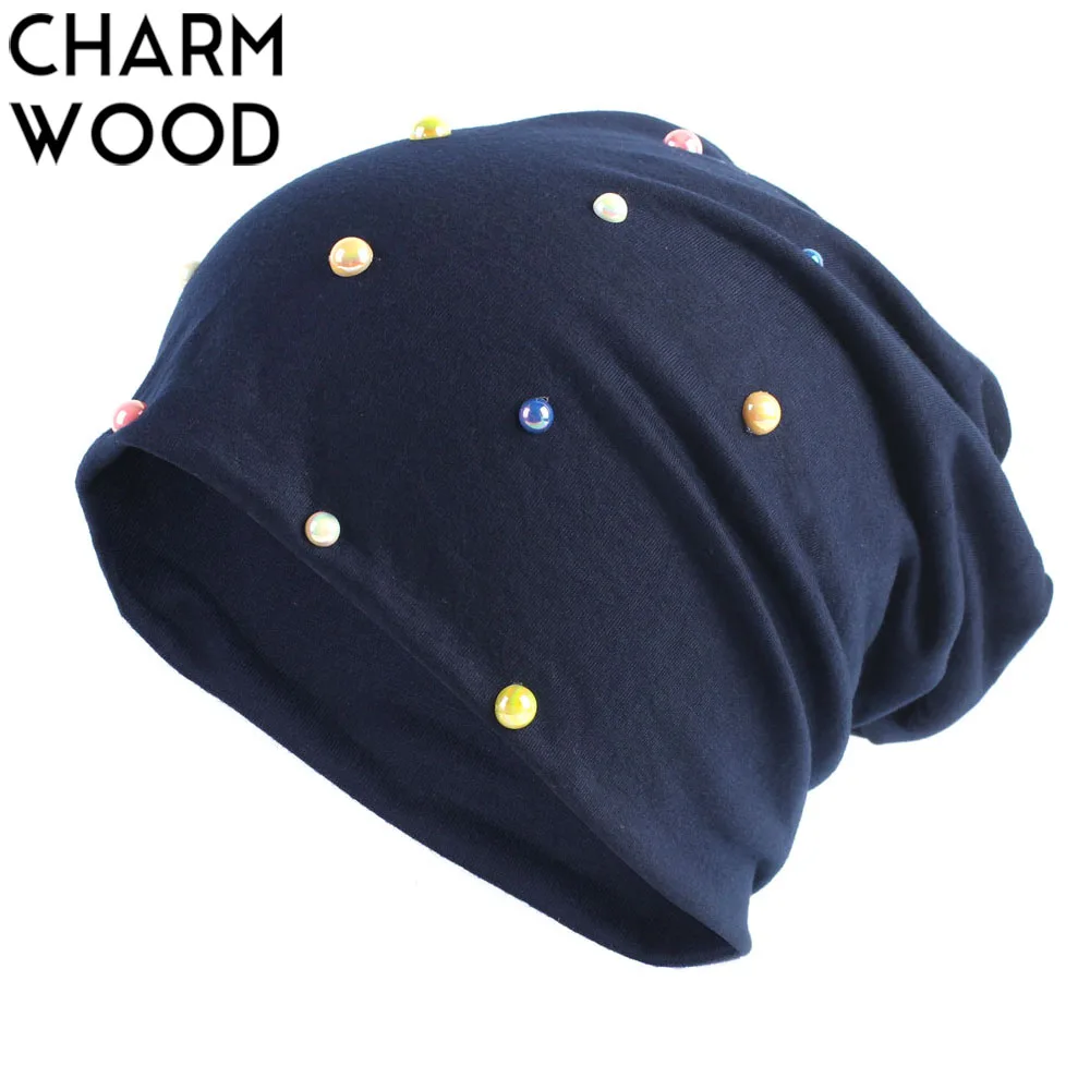 

Women's Beanie Hat New Autumn Cotton Candy Color Pearl Slouchy Beanies Hats for Female Skullies Hats gorros mujer invierno