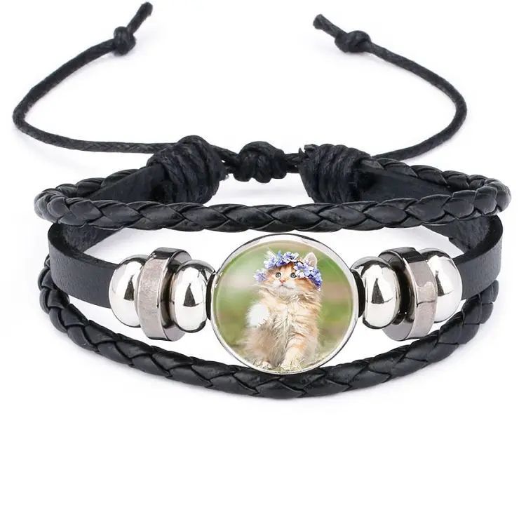 Harajuku Style Cat Jewelry with Glass Cabochon Cheshire Cat Pattern Bracelet Genuine Leather Multilayer Beaded Bracelet Bangle - Окраска металла: WS0430