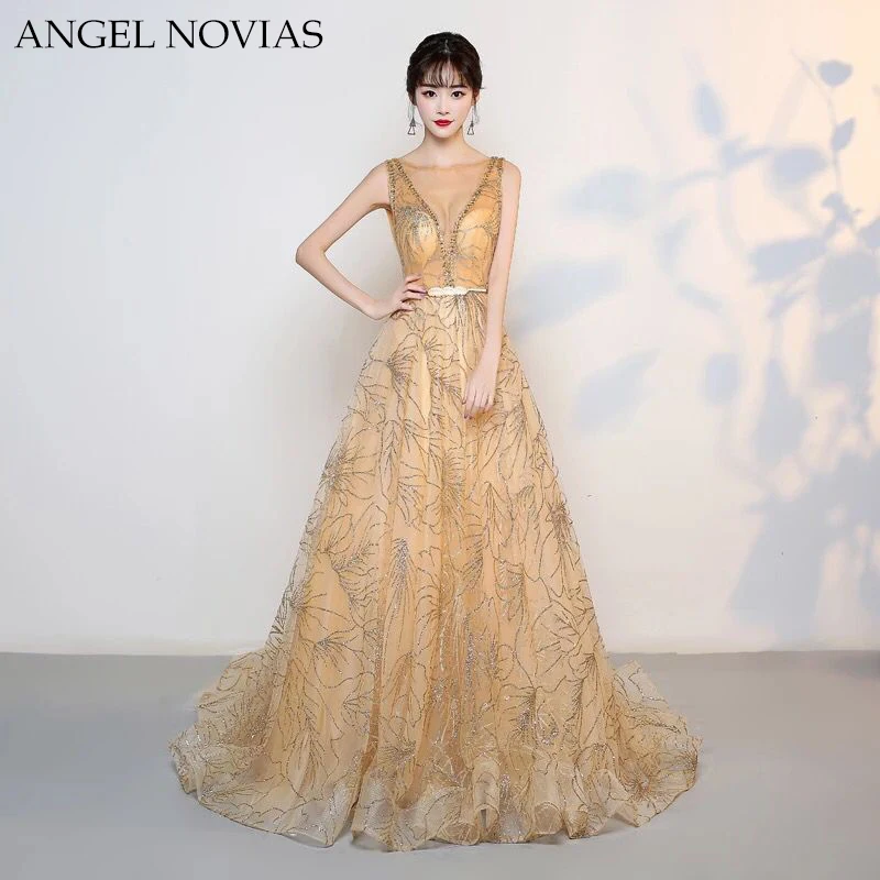 ANGEL NOVIAS 2018 New Custom Make Gold Glitter Sparking Evening Dress Long Formal Amazing Vintage Arabic Prom Dresses ANGEL NOVIAS 2018 New Custom Make Gold Glitter Sparking Evening Dress Long Formal Amazing Vintage Arabic Prom Dresses