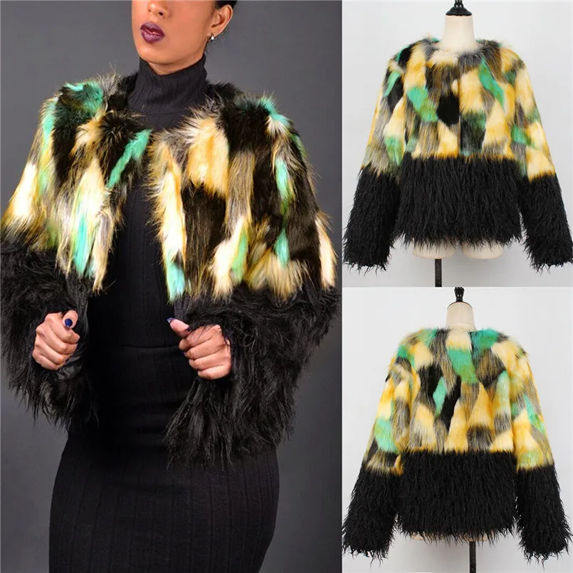 Модные контрастные цвета имитация стежка искусственный мех пальто короткие женские смешанные с длинными рукавами Осень-зима пальто