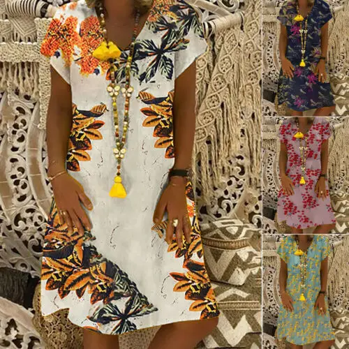 

New Fashion Women’s Floral Printed Short Sleeve V-neck Loose Knee-length Dress Lady Summer Casual Baggy Comfortable Dress S-XXXL