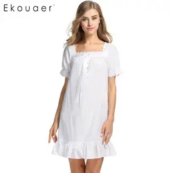 Ekouaer хлопок Ночное платье для женщин летние пижамы квадратный средства ухода за кожей Шеи Vintag ночная рубашка Королевский сна Lounge Ночное