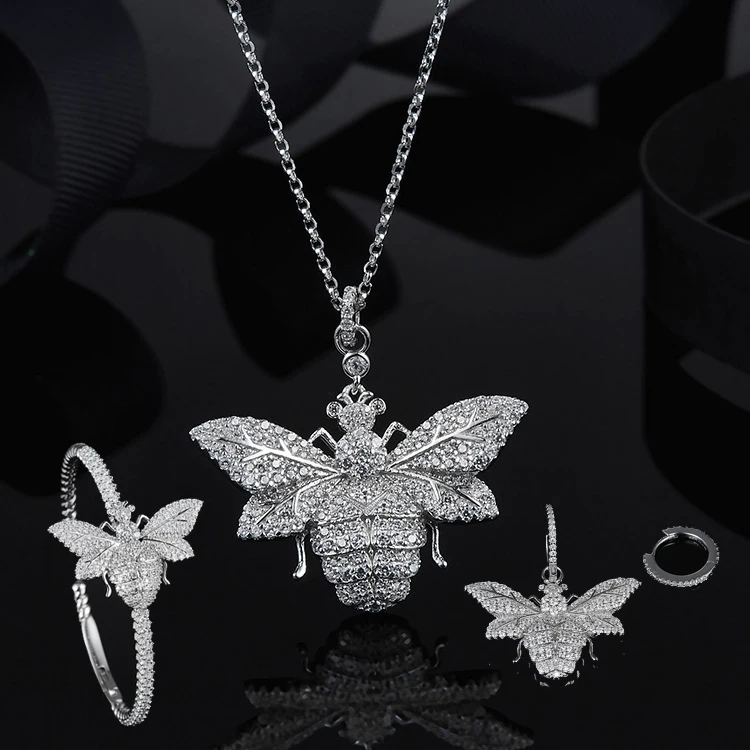 

[MeiBaPJ] Real 925 Silver Bumblebee Necklace Asymmetric Earrings Ring Bracelet 3 Pieces Suite Jewelry Set Fine Wedding Jewelry