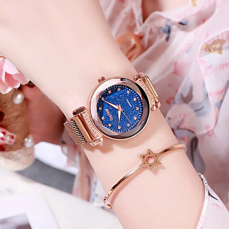

Luxury Rose Gold Watch Women Blue Dial Rhinestone Quartz Watch Ladies Fashion Starry Sky Magnet Watch Waterproof Clock Gift 2019