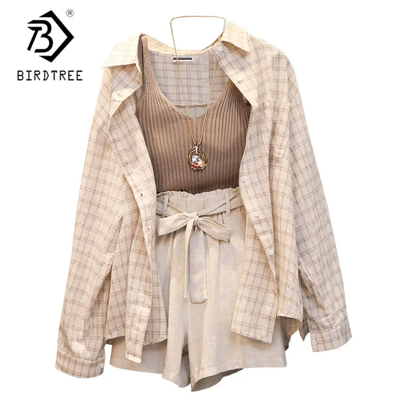 

Summer Women Three piece sets Casual Linen Plaid Tops + Shorts Elastic Waist Belt Wide Leg Pants Suit Set 3 Piece Set S96805J
