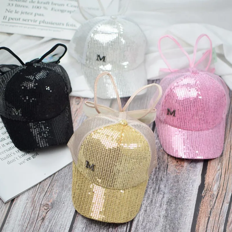 Summer Children's Cute Cap Lace Rabbit Sequins Ears Bow Girls Baseball Cap Kids Mesh Cap Visor Breathable -51-53cm