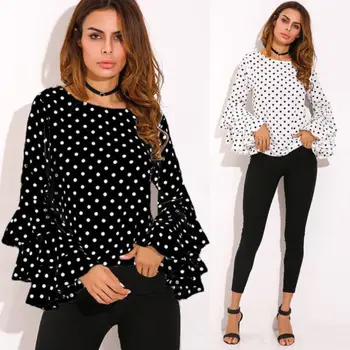 

New Women Blouse Round Neck Long Flare Ruffle Sleeve Loose Polka Dot Shirt Ladies Casual Blouse Tops