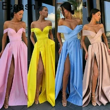 2020 สีฟ้ายาวพรหมกับกระเป๋าปิดไหล่สายด้านข้าง Slit สง่างามสีชมพูผู้หญิงชุดราตรีชุดราตรีชุดราต...(China)