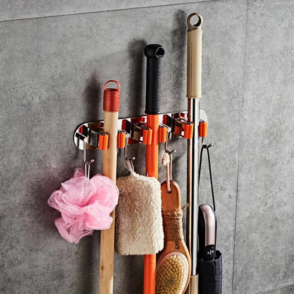 Stainless Steel Mop Broom Holder with 2/3/4 Hooks Self Adhesive