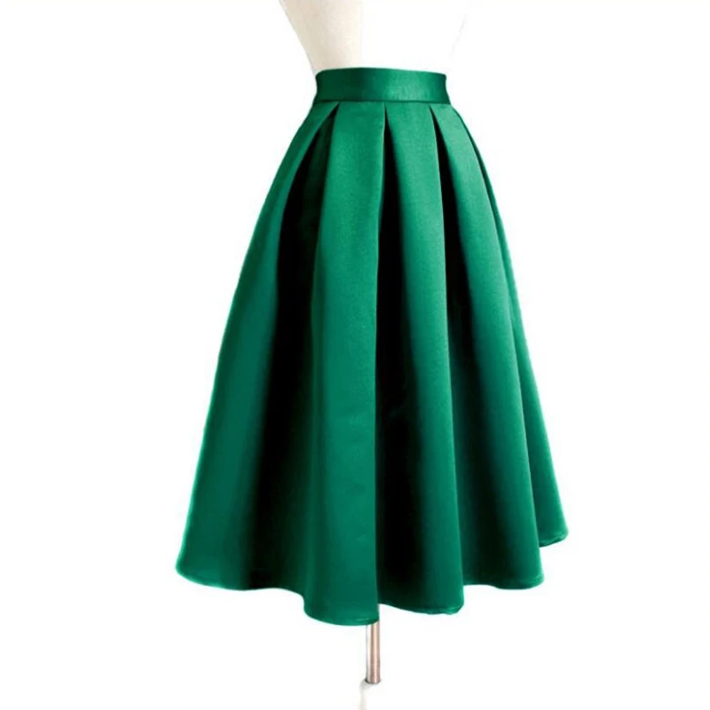 Green Satin Ruffles Short Skirts For Women High Waist Aline Knee Length ...