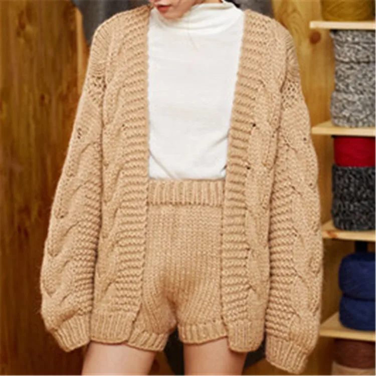 Ручная работа шерсть толстый вязаный женский уличный однотонный Vneck свободный короткий свитер кардиган один и более размер
